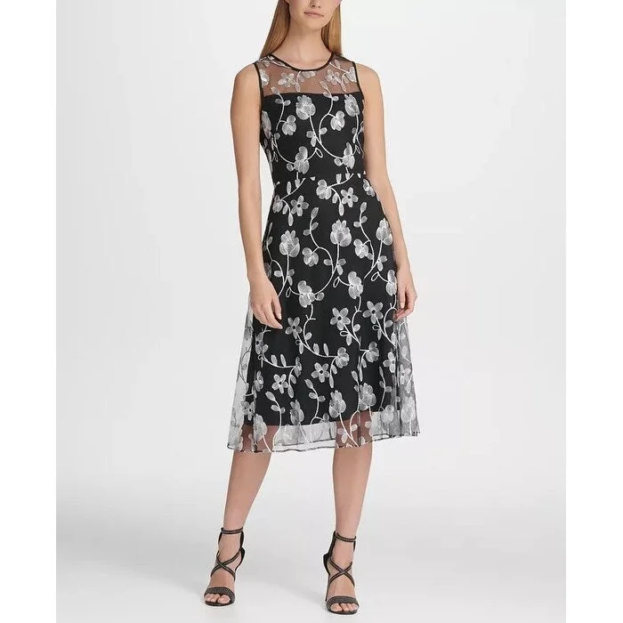 Exclusive Pricing DKNY Women's Floral Embroidered Mesh Midi A-Line Dress Gray Size 4 Exclusive Pricing DKNY Women's Floral Embroidered Mesh Midi A-Line Dress Gray Size 4