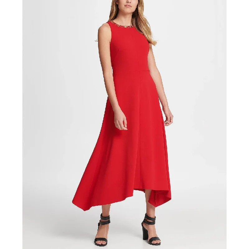 Weekend Only Deals DKNY Women's Gold Link Neck Trim Midi Dress Red Size 10