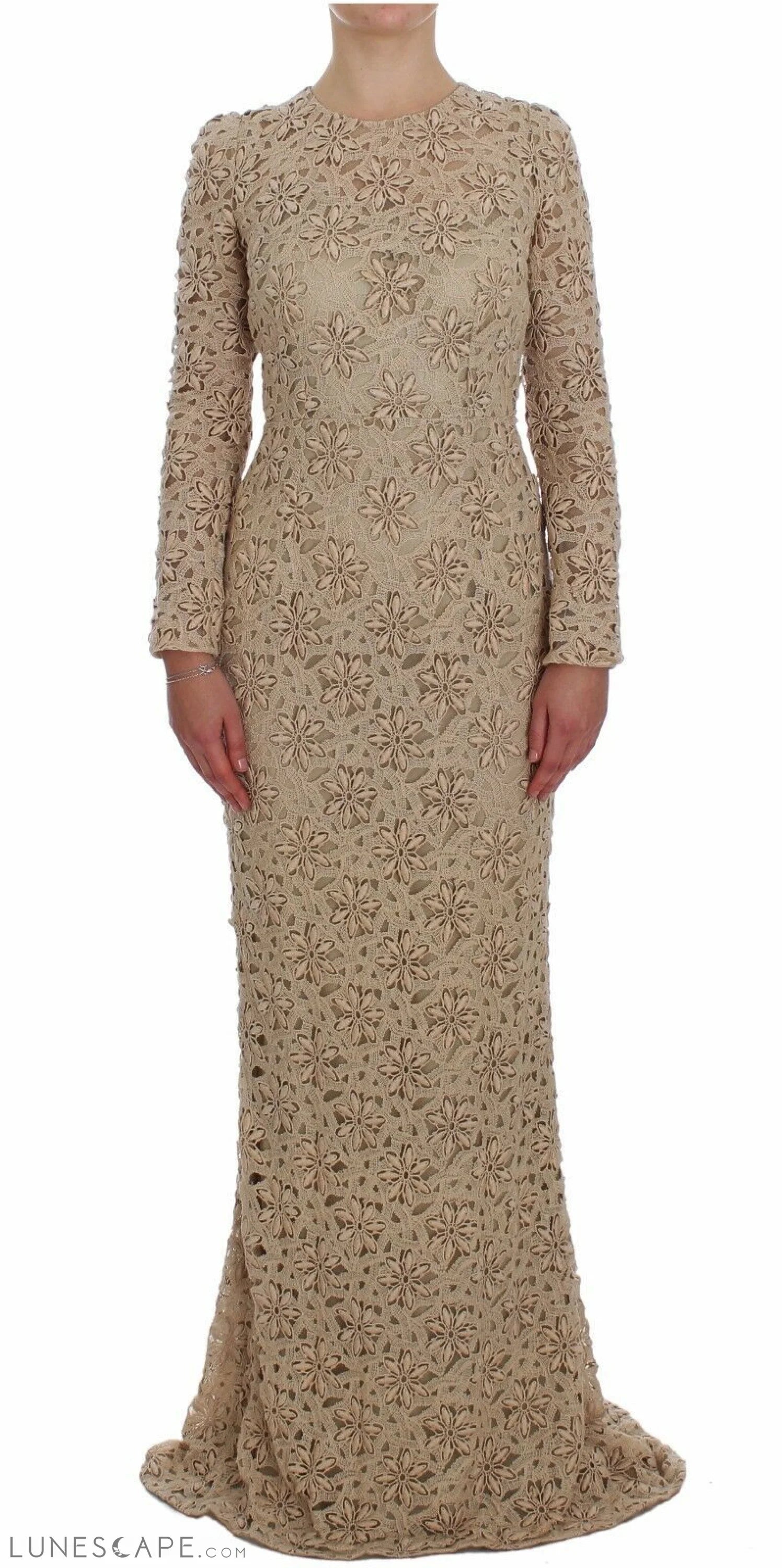 Big Bargain Bonanza Dolce & Gabbana Beige Floral Lace Long Sleeve Maxi Dress