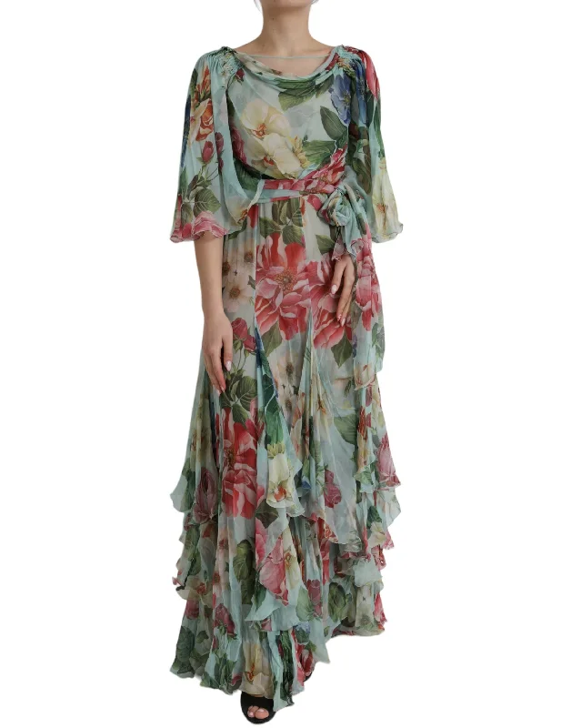Exclusive Pricing Dolce & Gabbana Blue Floral Print Tiered Long Maxi Dress
