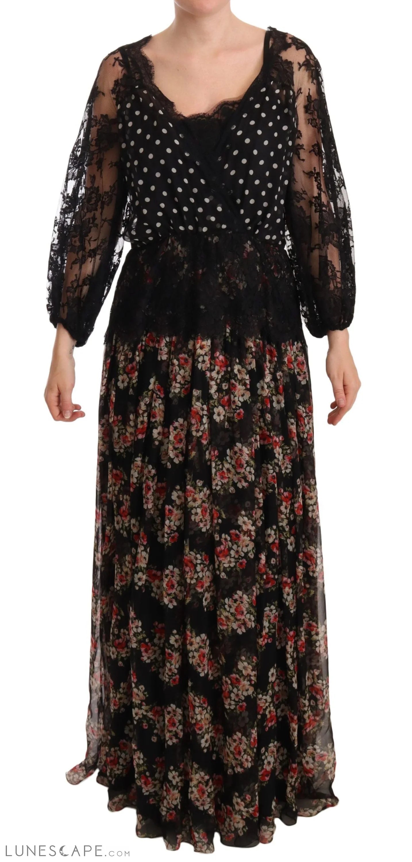 Shop & Save Now Dolce & Gabbana Elegant Lace Floral Maxi Dress with Polka Dots