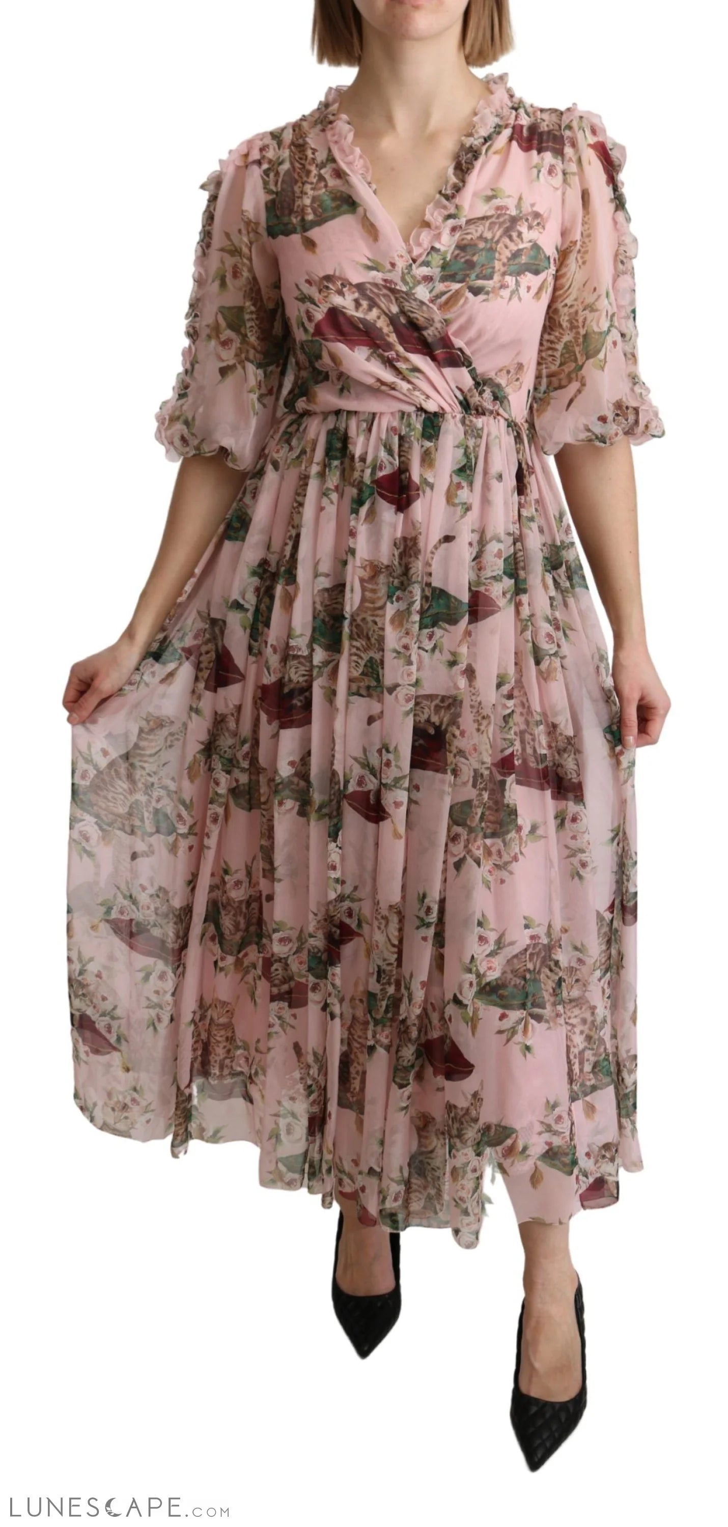 Massive Savings Event Dolce & Gabbana Elegant Pink Bengal Cat Print A-Line Maxi Dress