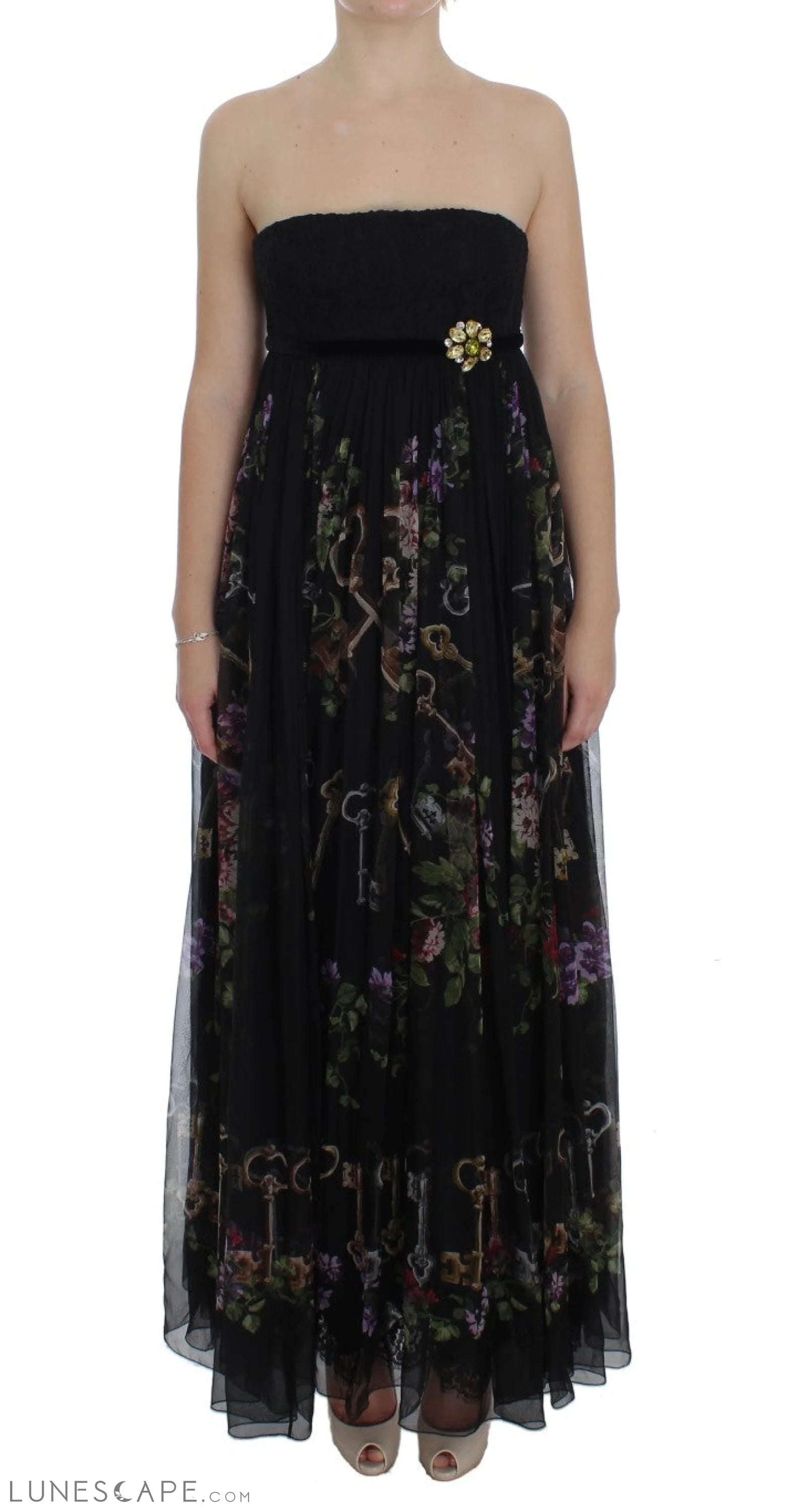 Best Prices This Week Dolce & Gabbana Multicolor Rose & Key Print Maxi Dress with Crystal