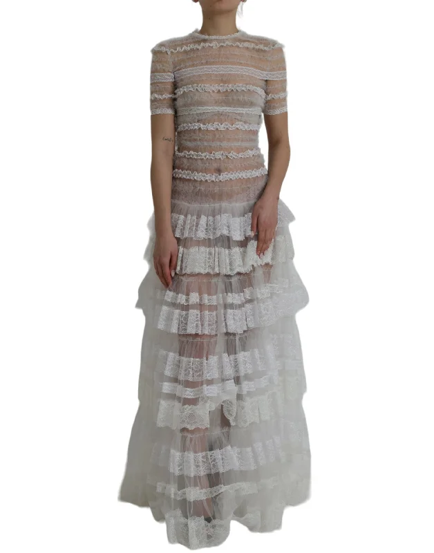 Limited Time Bargain Dolce & Gabbana White Nylon Sheer Tiered Lace Maxi Dress