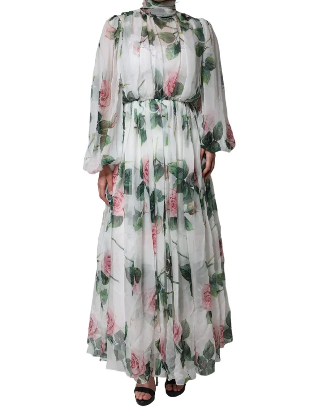 Big Savings Dolce & Gabbana White Silk Floral Print Long Maxi Dress