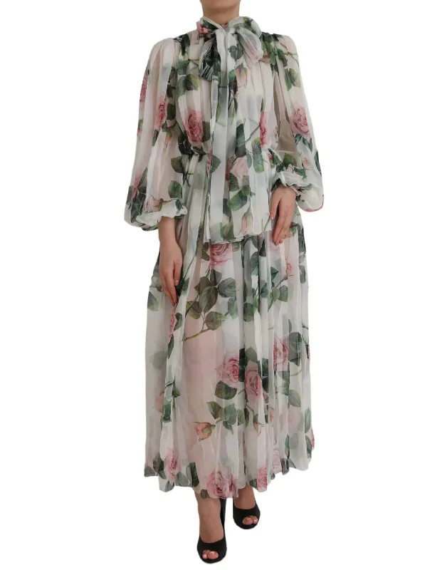 One-Day Sale Dolce & Gabbana White Silk Floral Print Long Maxi Dress