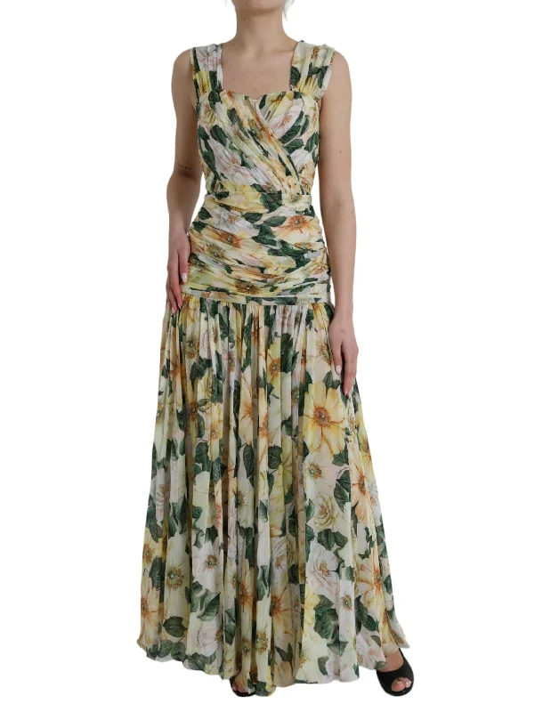 Special Price Drop Dolce & Gabbana Yellow Floral Print Silk Pleated Maxi Dress