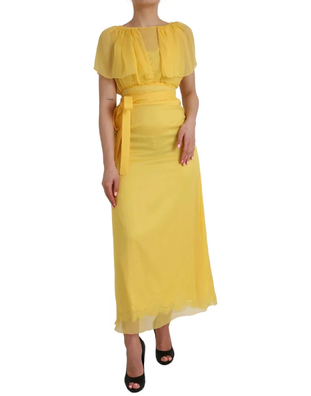 Shop Now and Save Dolce & Gabbana Yellow Silk Sheath Belted Long Maxi Dress