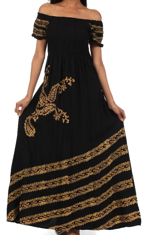 Weekend Hot Picks Sakkas Embroidered Batik Smocked Bodice Long Maxi Dress