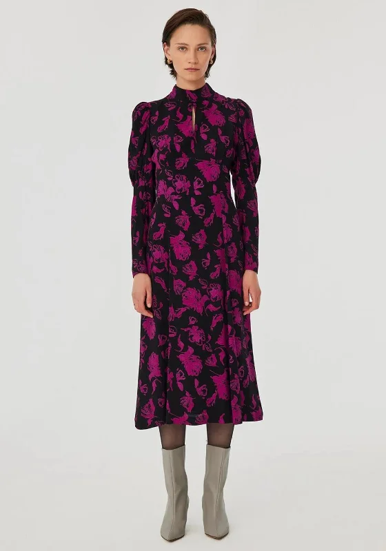 Weekend Flash Sale Exquise Floral Key Hole High Neck Midi Dress, Black & Fuchsia