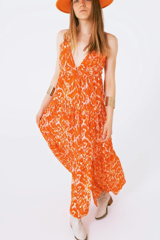 Unseen Savings Floral Print Maxi Dress With v Neck in Orange