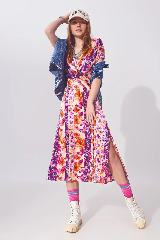 Unbeatable Offer Flower Print Front Knot Maxi Dress in Multicolour