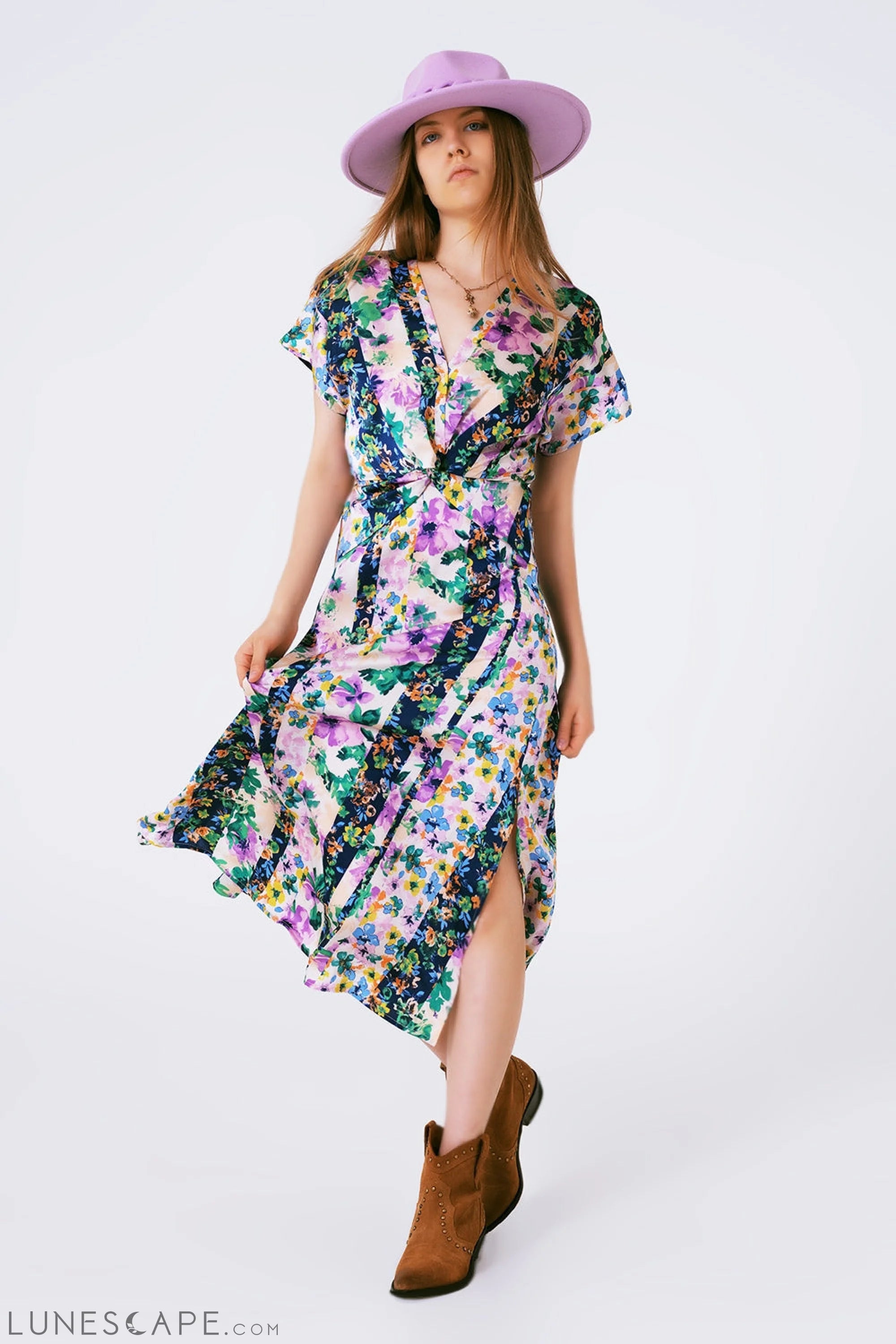 Weekend Flash Sale Flower Print Front Knot Maxi Dress in Purple and Green Multicolour