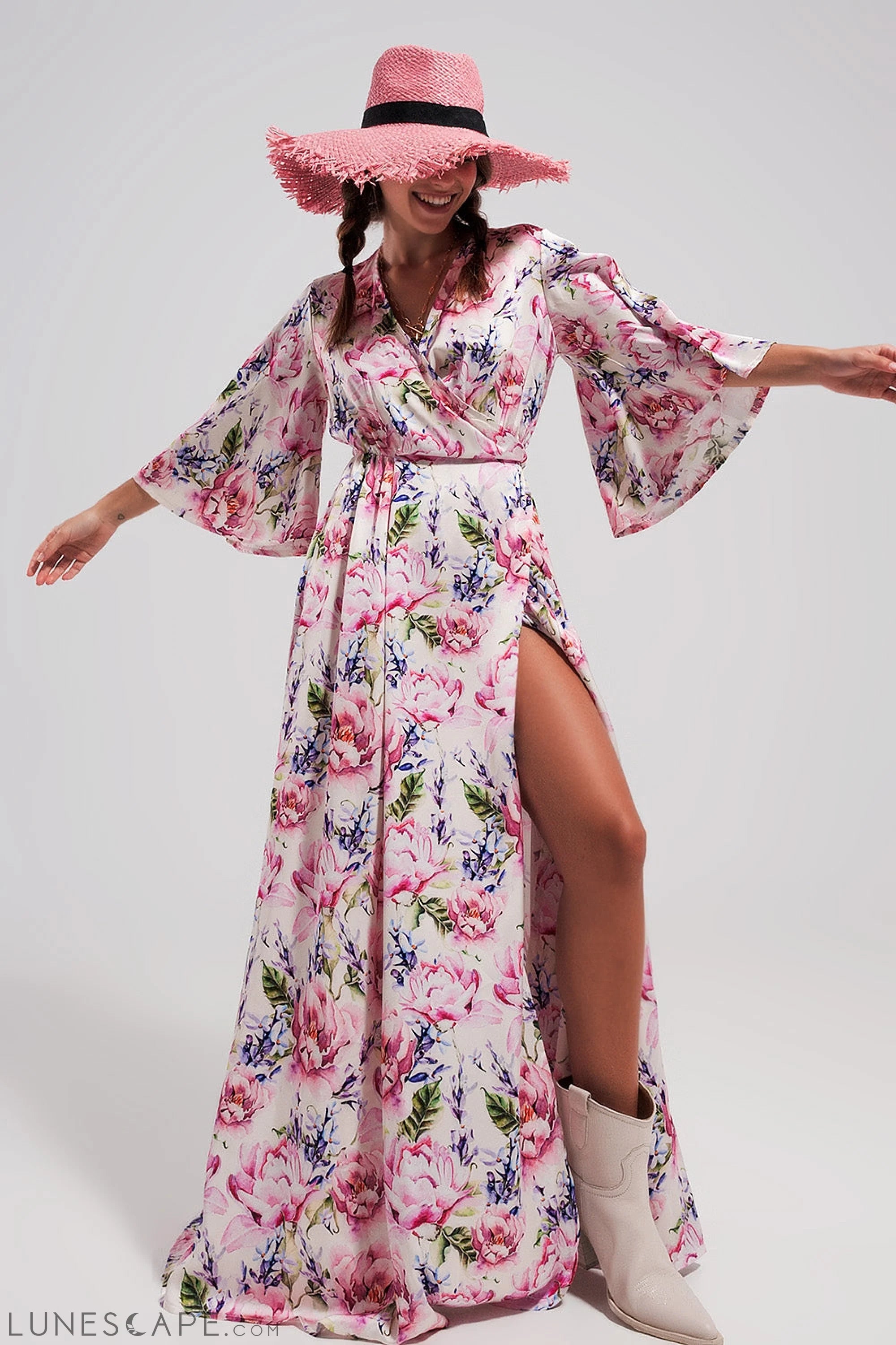 Weekend Specials Galore Flutter Sleeve Maxi Dress in Pink Floral Print