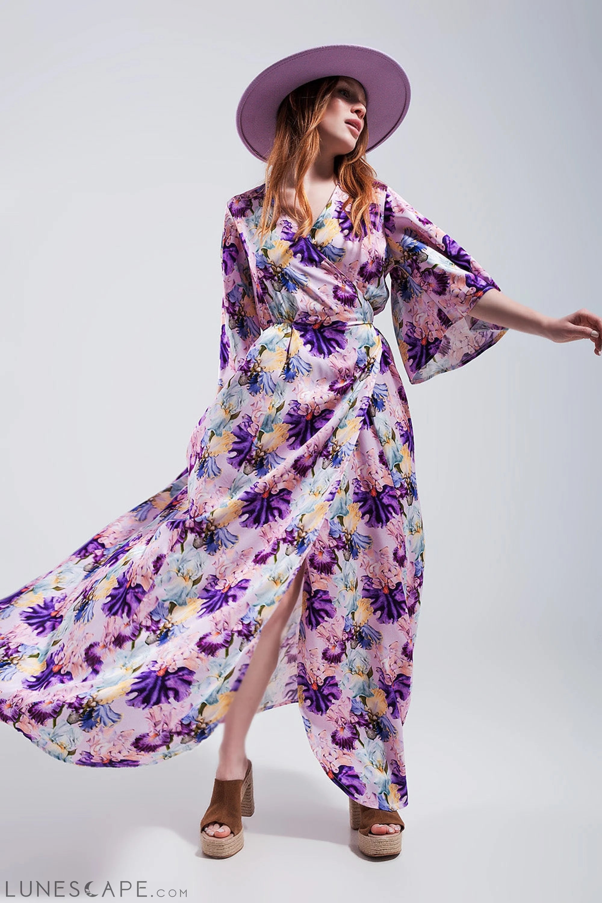 Weekend Bargain Bonanza Flutter Sleeve Maxi Dress in Purple Floral Print