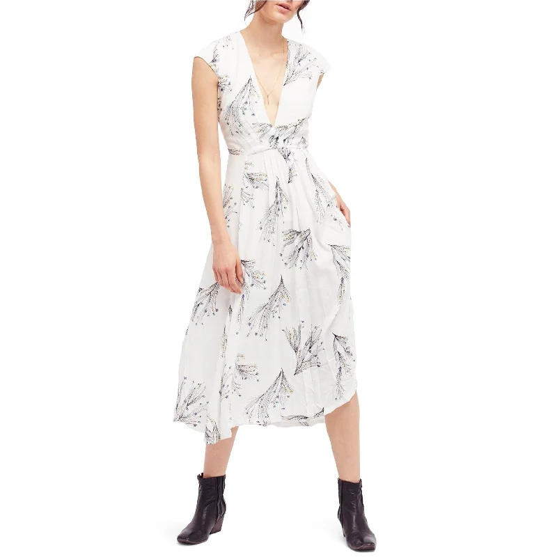 Deal Frenzy Free People Womens Printed Retro Faux-Wrap Midi Dress, Off-White, 4