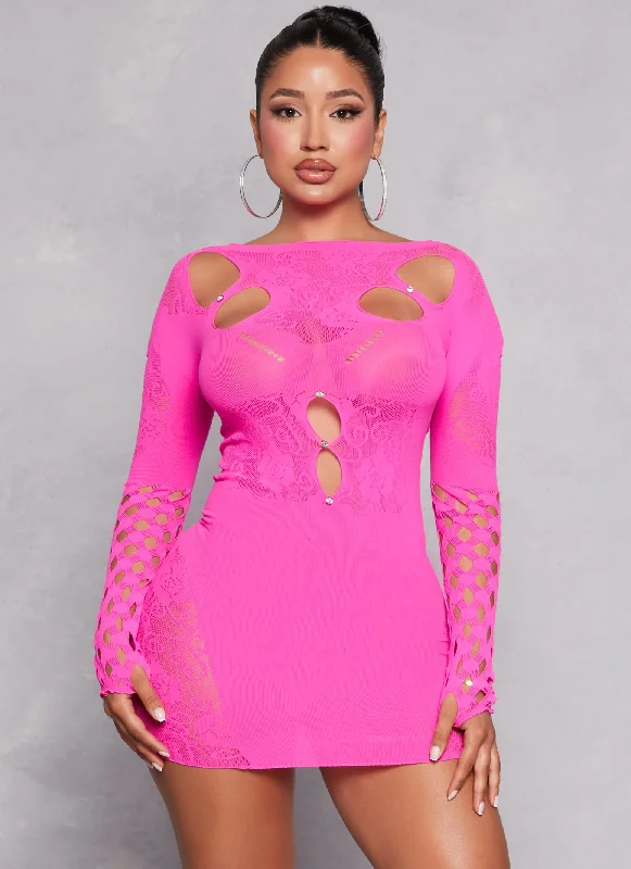Weekend Savings Bonanza Seamless Rhinestone Long Sleeve Cut Out Mini Dress