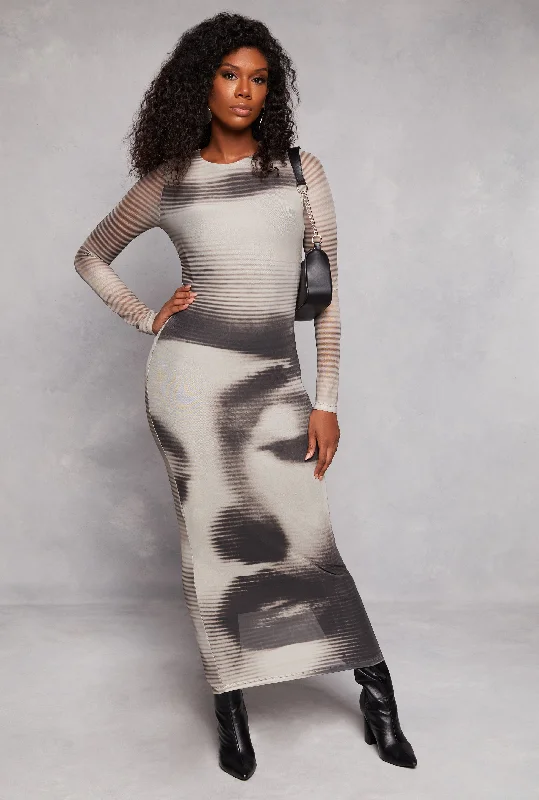 Weekend Flash Markdown Almost Famous Mesh Striped Face Graphic Maxi Dress