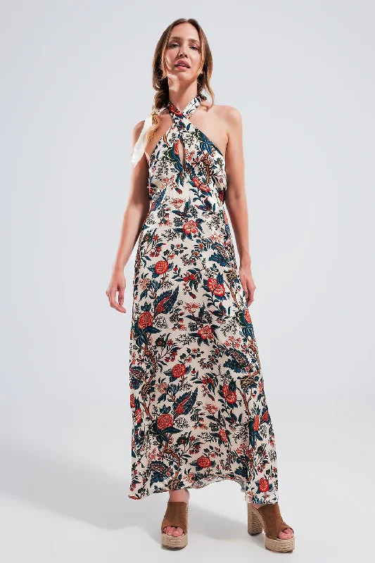 Hot Picks Halter Neck Maxi Dress in Beige Paisley Print