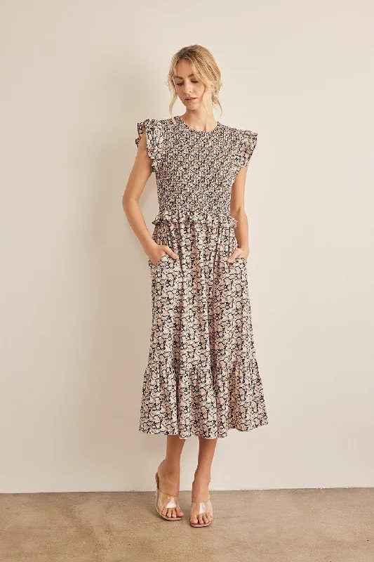 Limited Offer In February Floral Smocked Ruffled Midi Dress