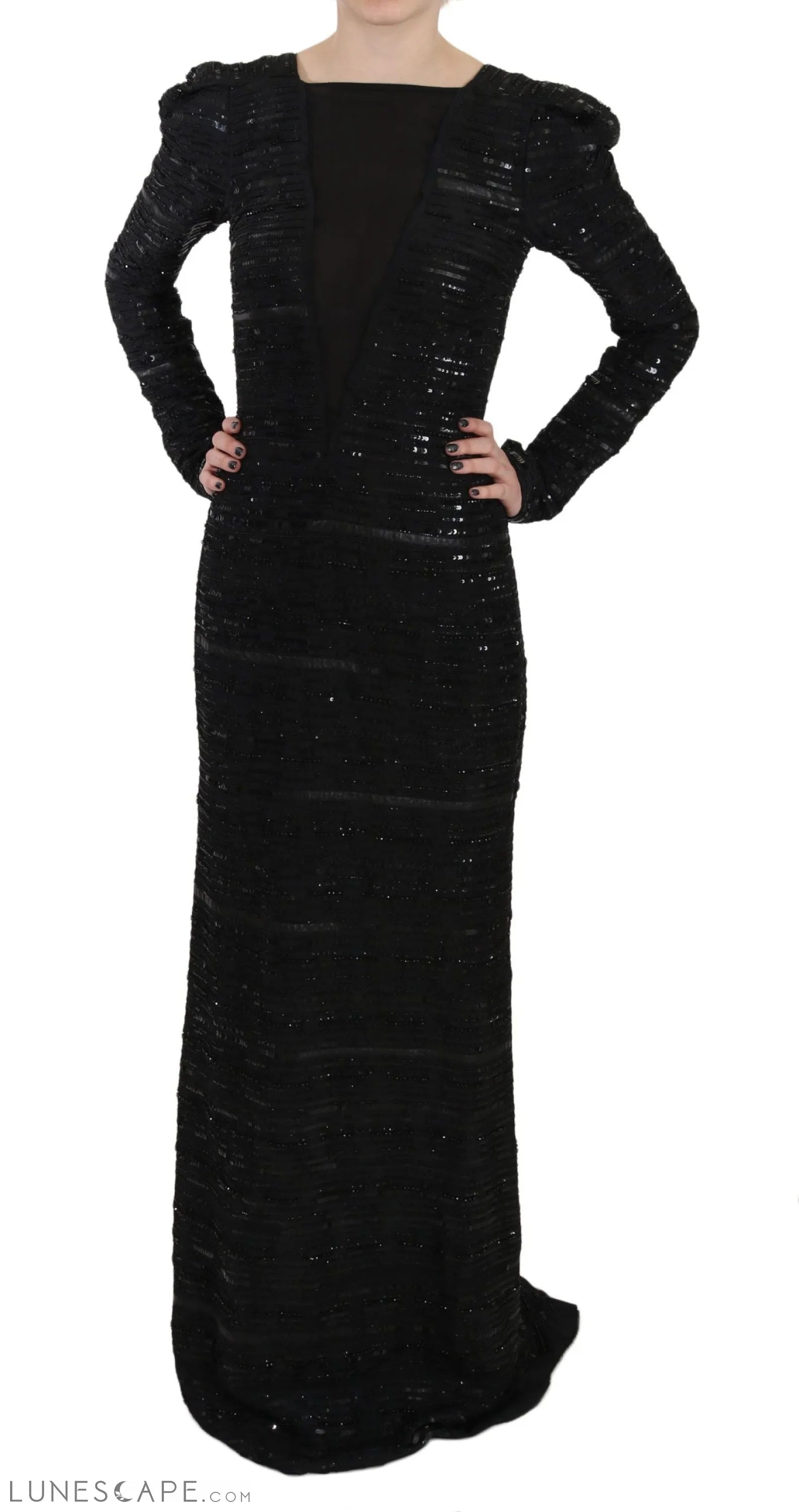 Savings Galore John Richmond Black Silk Sheath Maxi Dress with Sequins