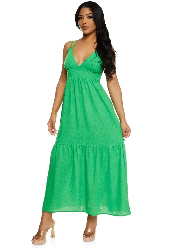 Exclusive Discounts Just for You Haute Monde Linen Plunge Tiered Maxi Dress
