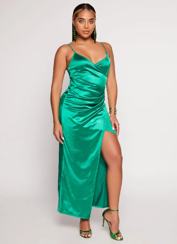 Limited Edition Satin Slit Front Faux Wrap Maxi Dress