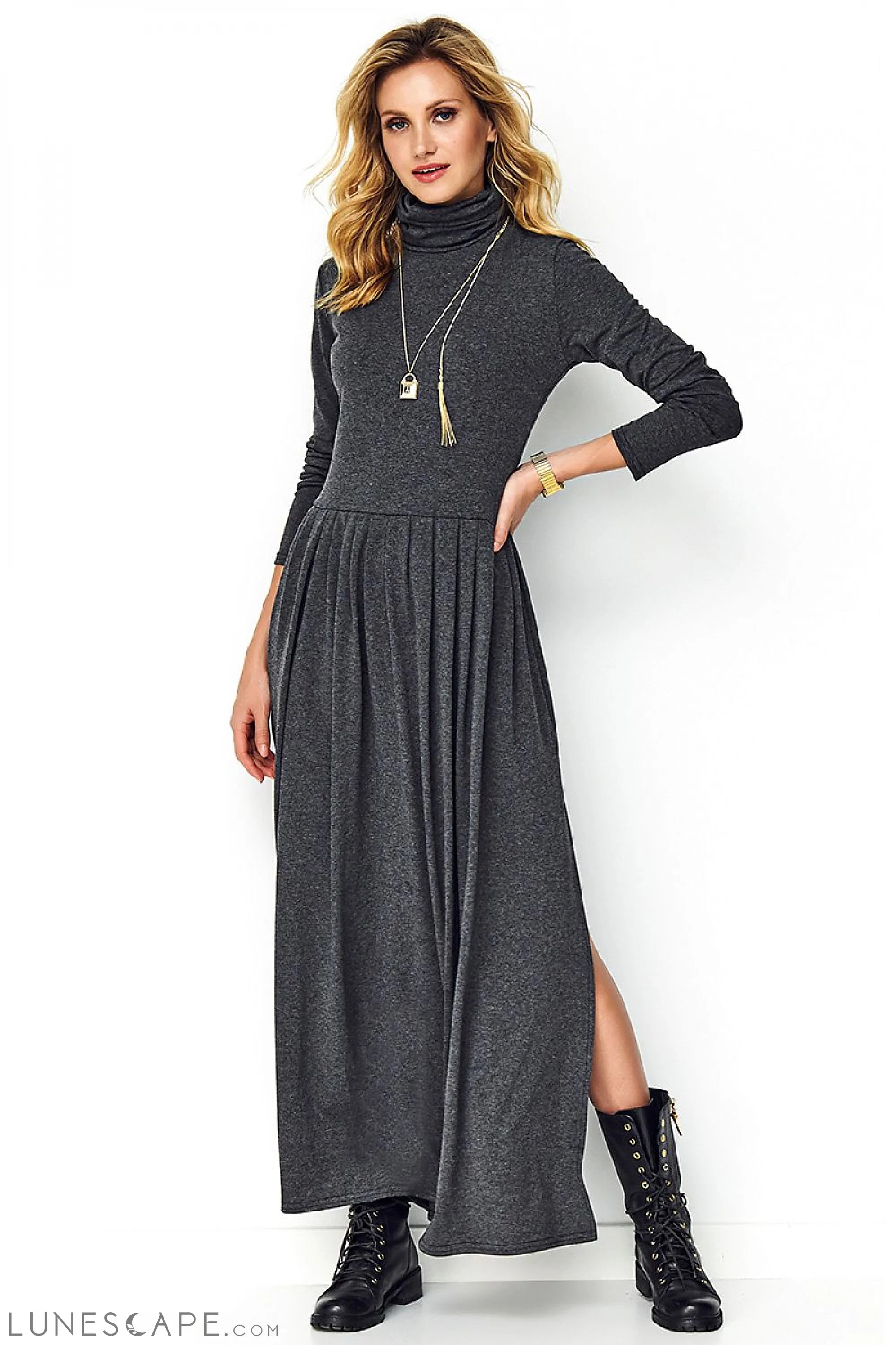 Weekend Special Sale Knit Turtleneck Long Sleeve Maxi Dress - Grey