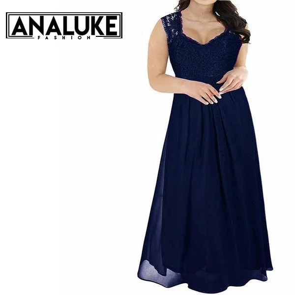 Weekend Massive Discounts Lace Top Deep V-neck Chiffon Maxi Dress