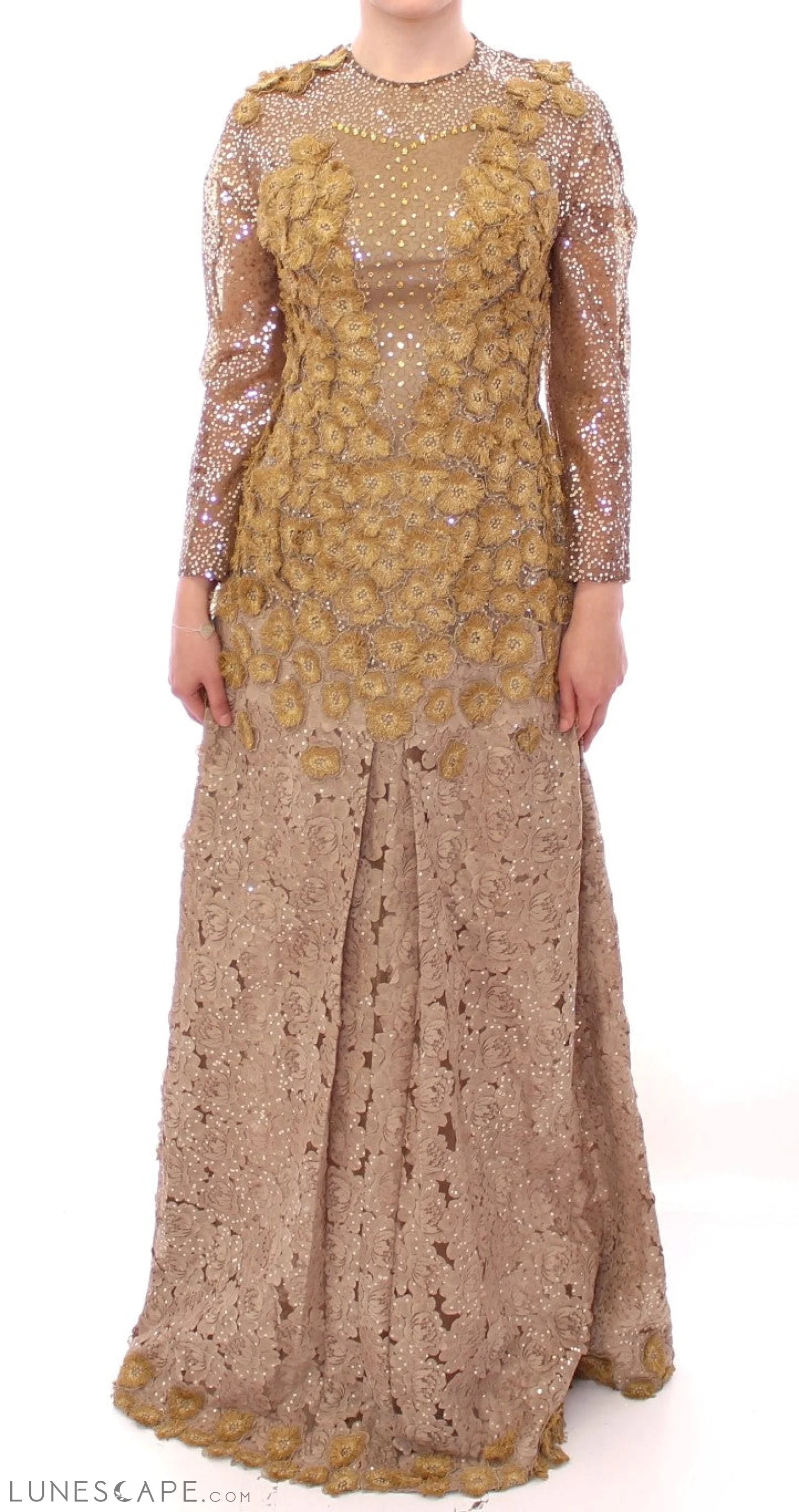 Limited-Time Bargains Lanre Da Silva Ajayi Exquisite Gold Lace Maxi Dress with Crystals