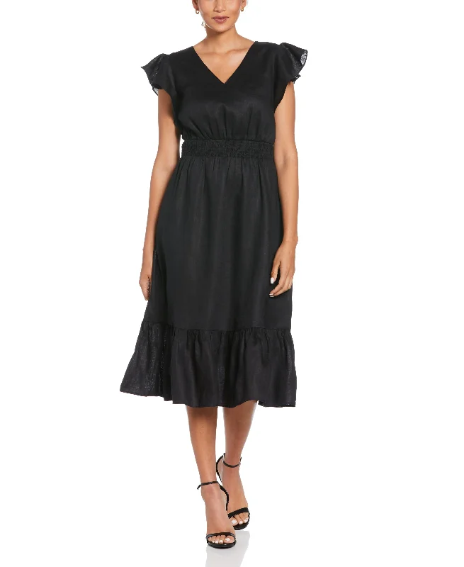 Weekend Bonanza Linen V-Neck Ruffle Sleeve Maxi Dress