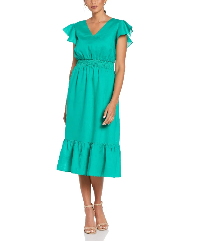 Weekend Steals Linen V-Neck Ruffle Sleeve Maxi Dress
