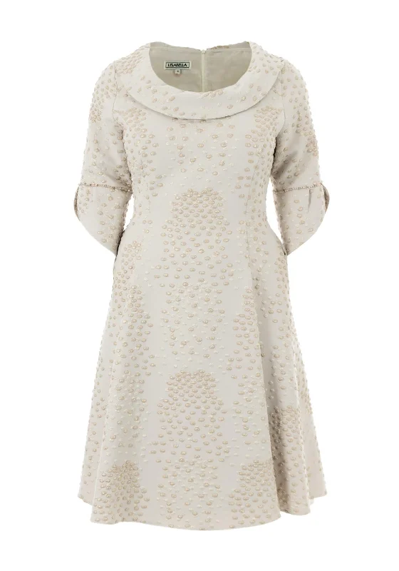 Weekend Savings Bonanza Lizabella Dot Embossed Flared Midi Dress, Stone