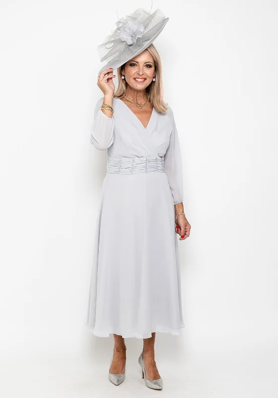 Weekend Exclusive Offers Lizabella Ruched Beaded Waist Midi Dress, Silver