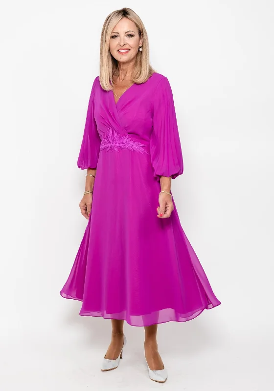 Weekend Shopping Rush Lizabella Pleated Sleeve Chiffon Midi Dress, Fuchsia