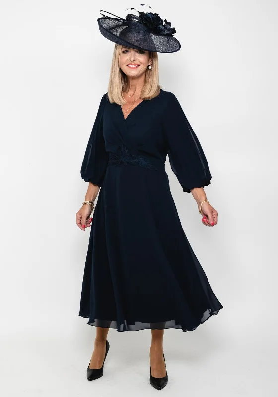 Weekend Steals Lizabella Pleated Sleeve Chiffon Midi Dress, Navy