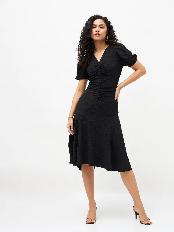 Weekend Big Sale Lyush Women Black Front Ruched Midi Dress