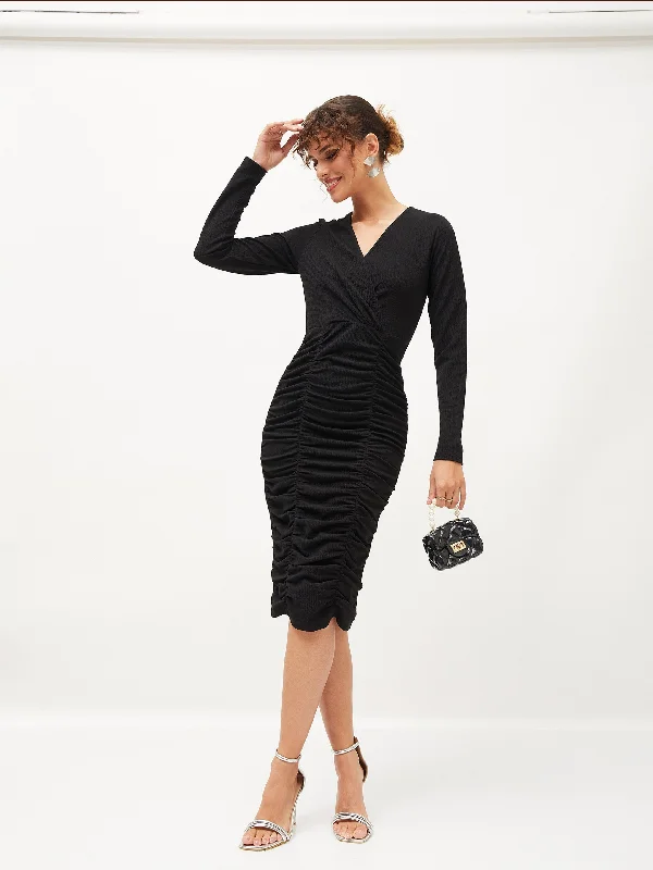 Weekend Price Slash Event Lyush Women Black Knitted Ruched Midi Dress