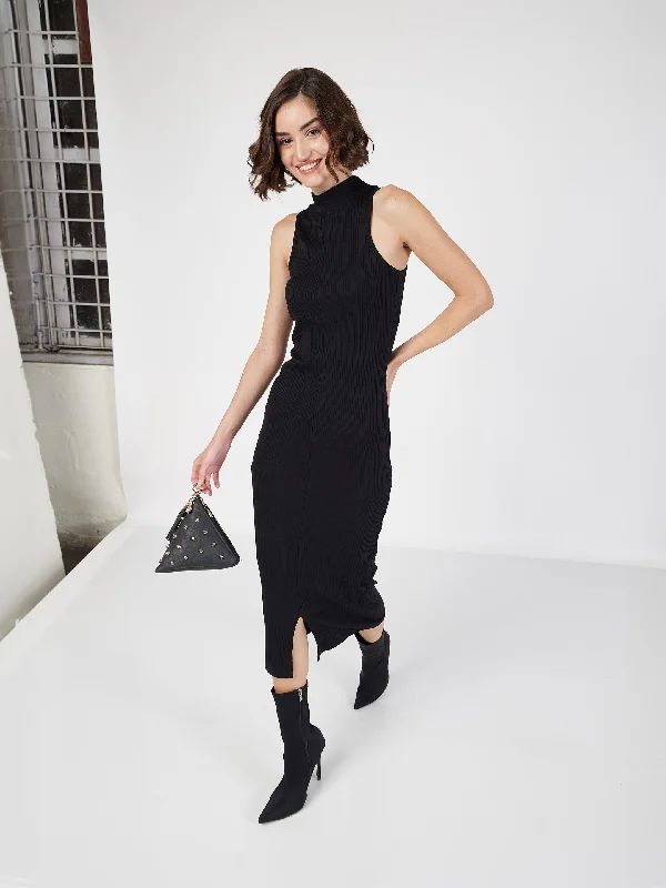 Weekend Discount Rush Lyush Women Black Rib Turtle Neck Sleeveless Midi Dress