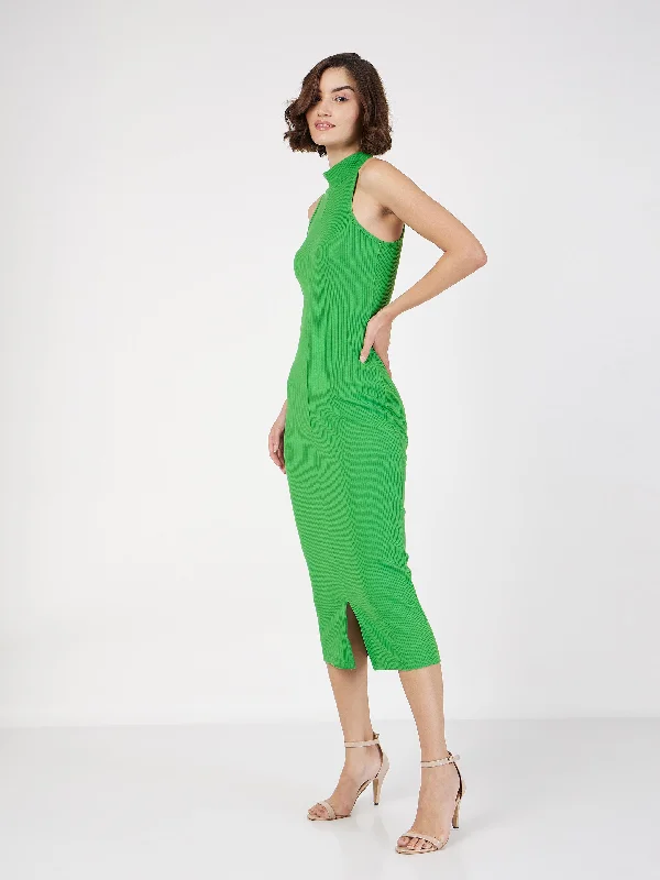 Weekend Markdowns Lyush Women Green Rib Turtle Neck Sleeveless Midi Dress