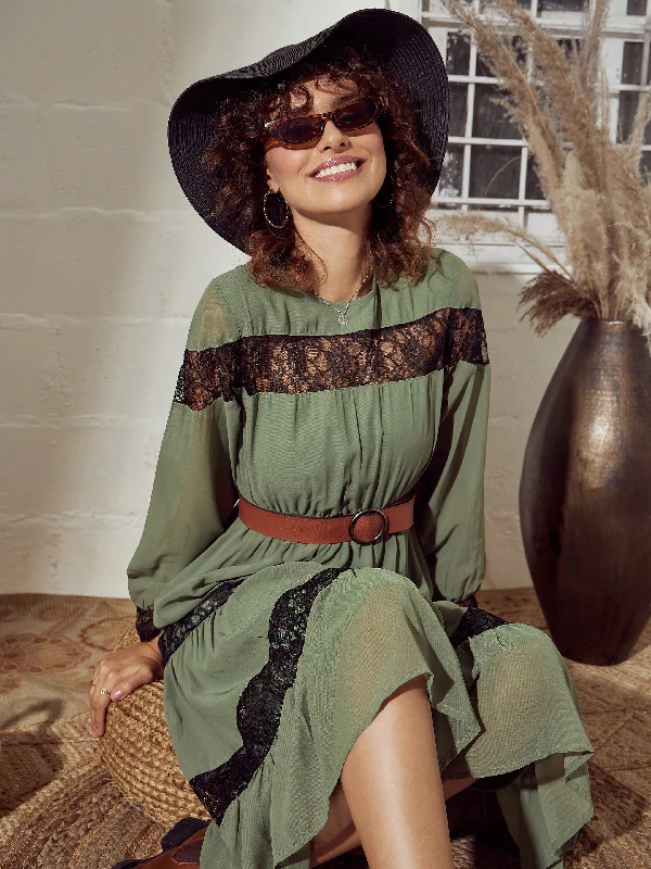 Weekend Wonders Lyush Women Olive Lace Insert Tiered Midi Dress