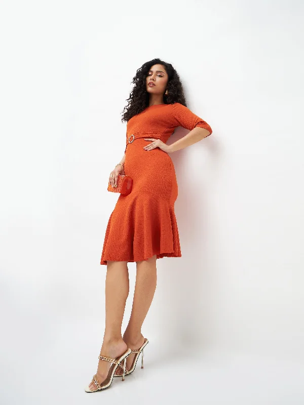 Weekend Flash Offers Lyush Women Orange Frill Hem Belted Midi Dress