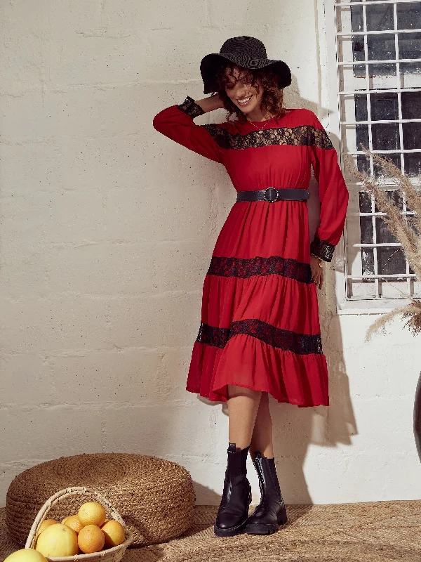 Weekend Bonanza Lyush Women Red Lace Insert Tiered Midi Dress