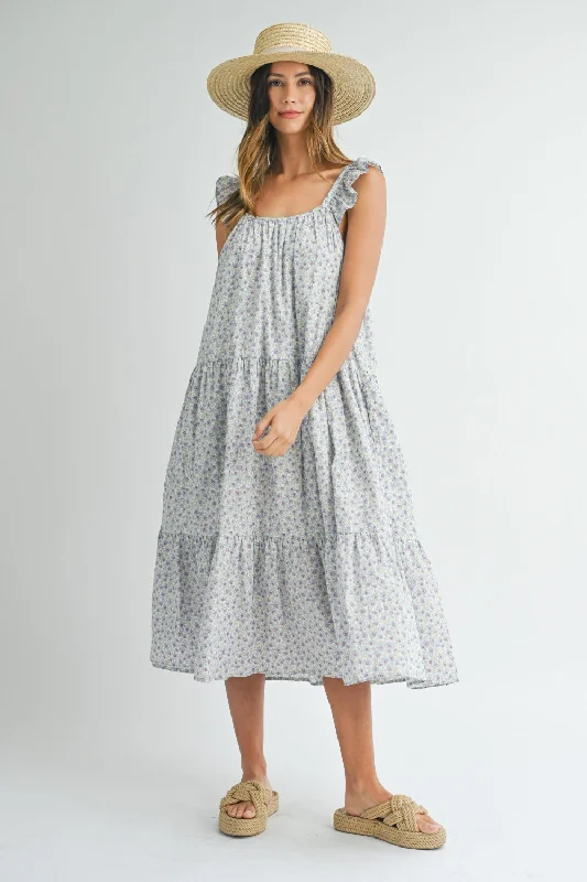 Weekend Deals MABLE Floral Ruffle Shoulder Tiered Midi Dress