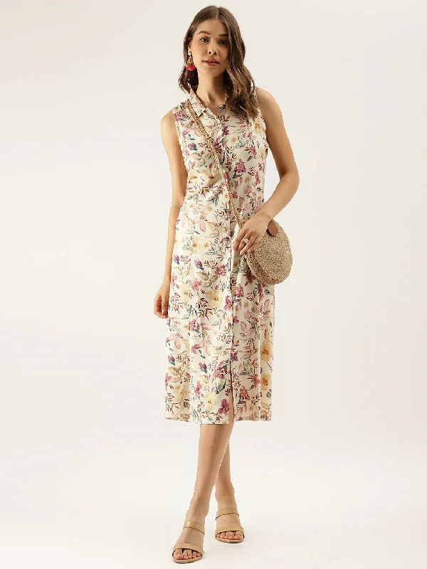 Unbeatable Flash Deals NOZ2TOZ Women's Cream Floral Printed Rayon Midi Dress with attached Sleeves