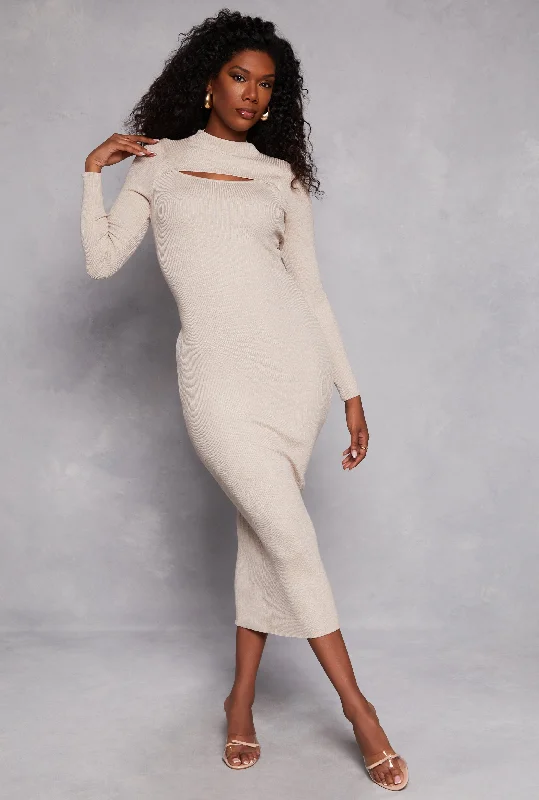 Weekend Big Discount Event Ribbed Knit Cut Out Long Sleeve Maxi Dress