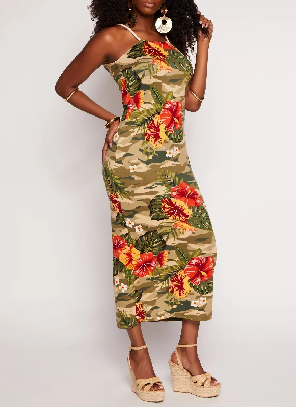 Flash Price Drops Camo Floral Print Rope Strap Maxi Dress