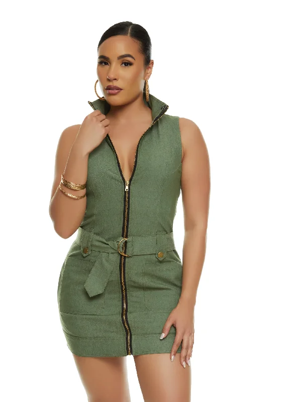 Exclusive Deals Denim Zip Front Belted Mini Dress
