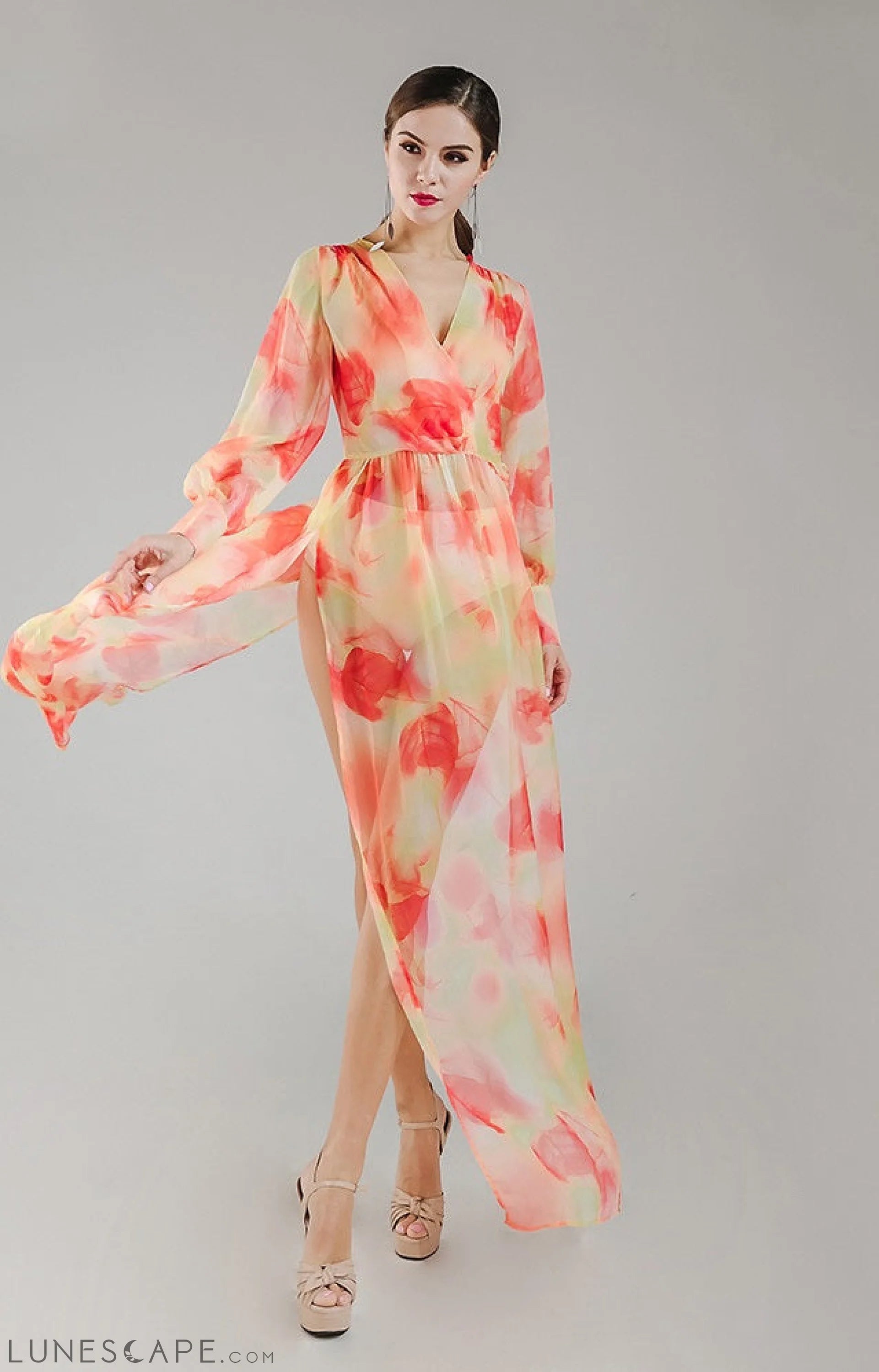 Exclusive Savings Event Orange Chiffon Floral Maxi Dress