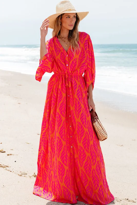 Shop & Save Orange Leafy Print 3/4 Sleeve V Neck Buttoned Split Maxi Dress